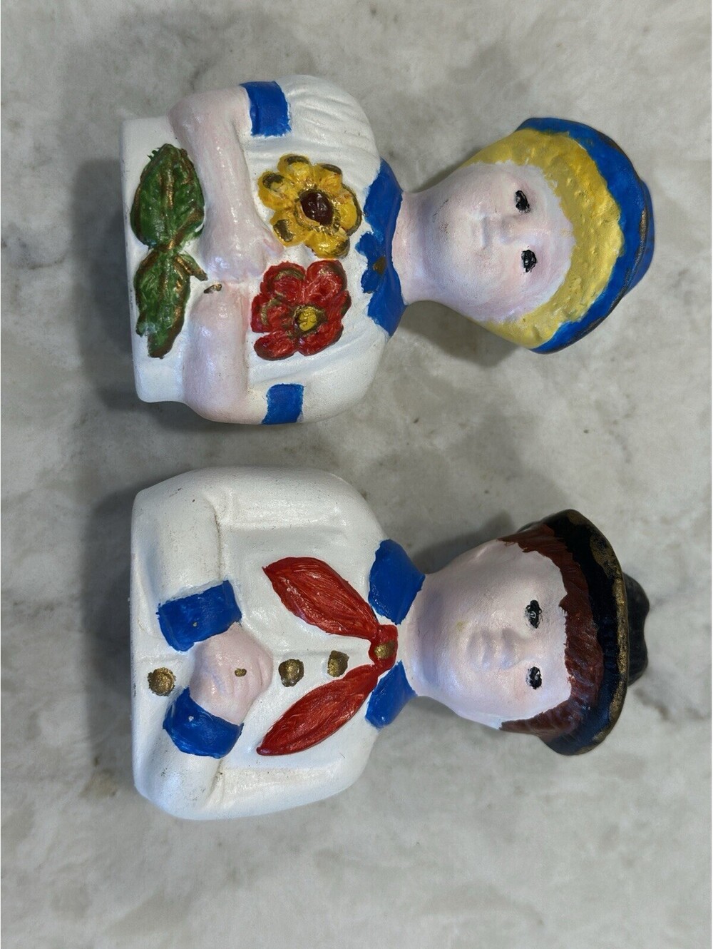 Vintage hand-painted ceramic Dutch boy & girl salt and pepper shakers 3.5” 1940s